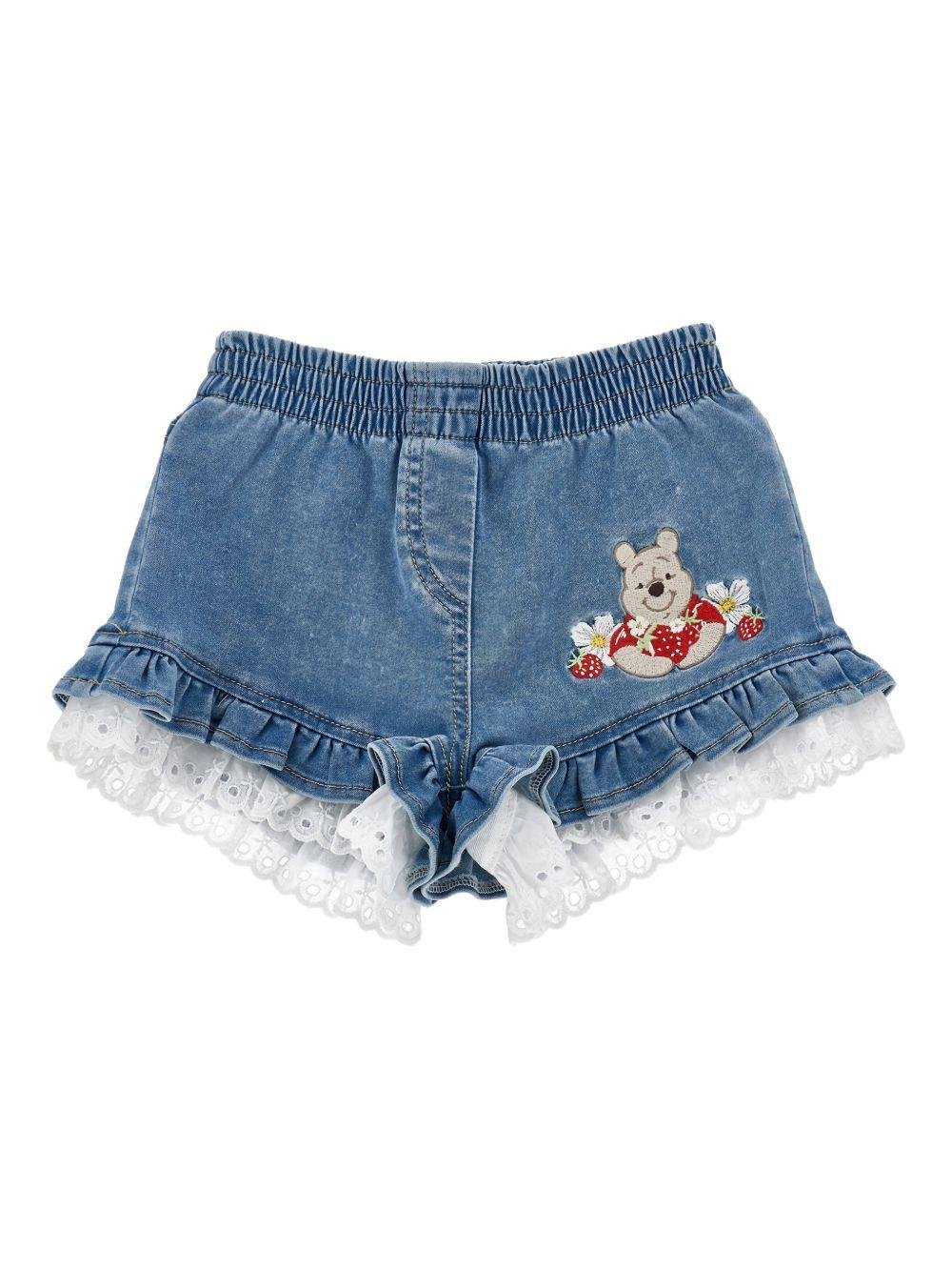 Shorts per neonata Monnalisa x Disney denim con ricamo Winnie the Pooh - Rubino Kids