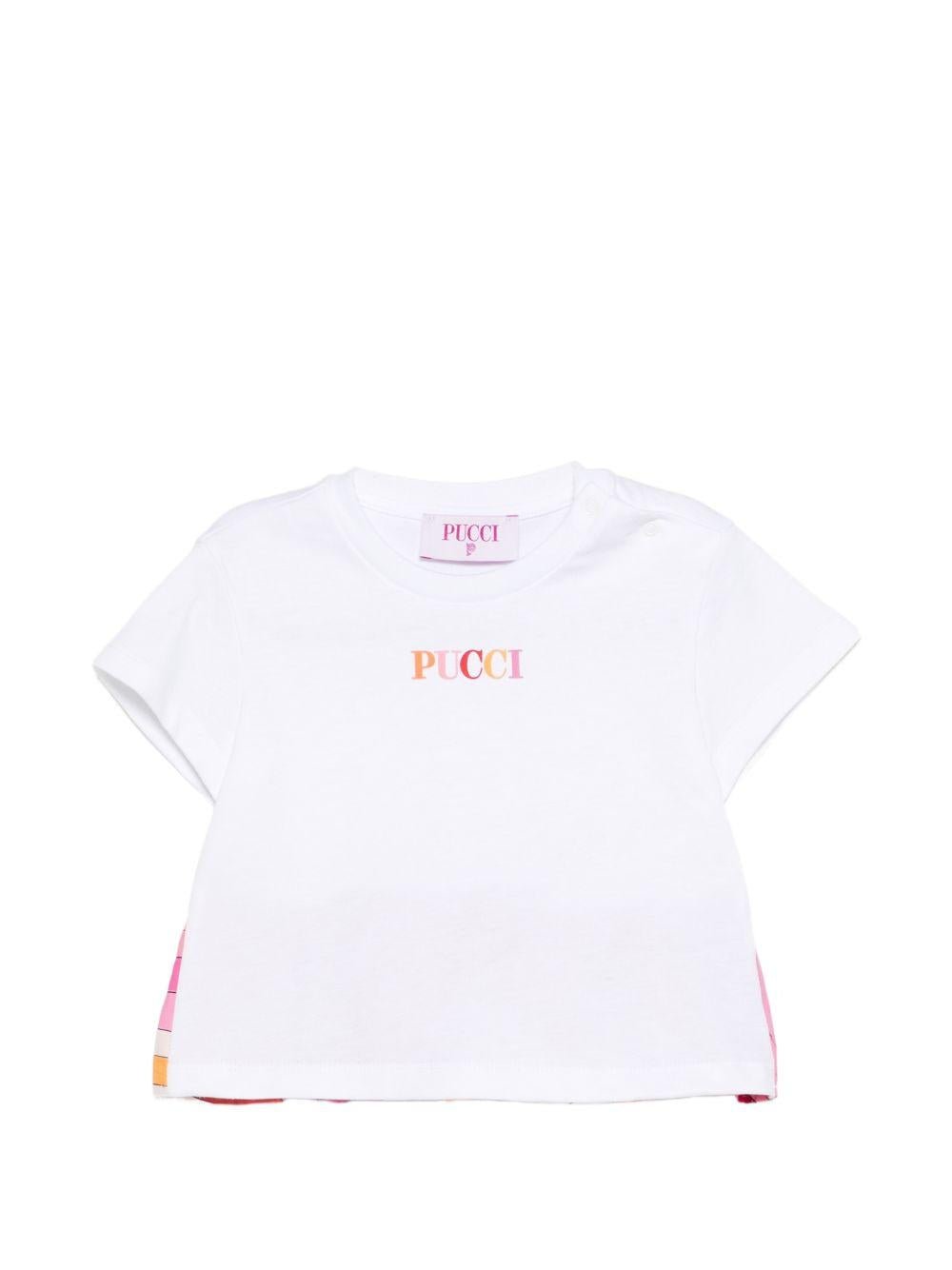 T-shirt a girocollo per neonata Emilio Pucci Junior bianca con ruches - Rubino Kids