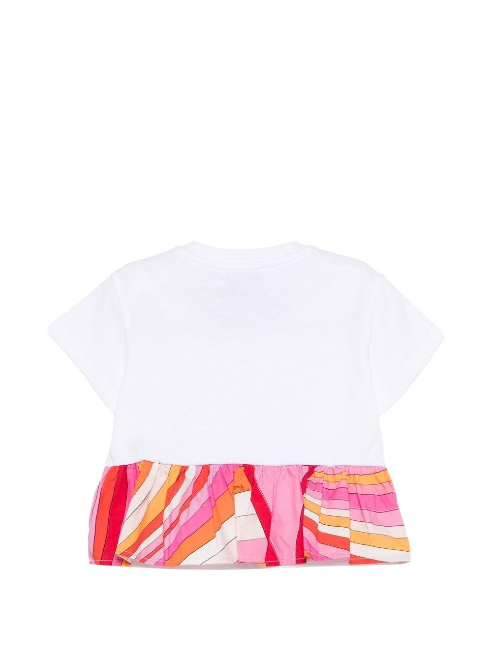 T-shirt a girocollo per neonata Emilio Pucci Junior bianca con ruches - Rubino Kids