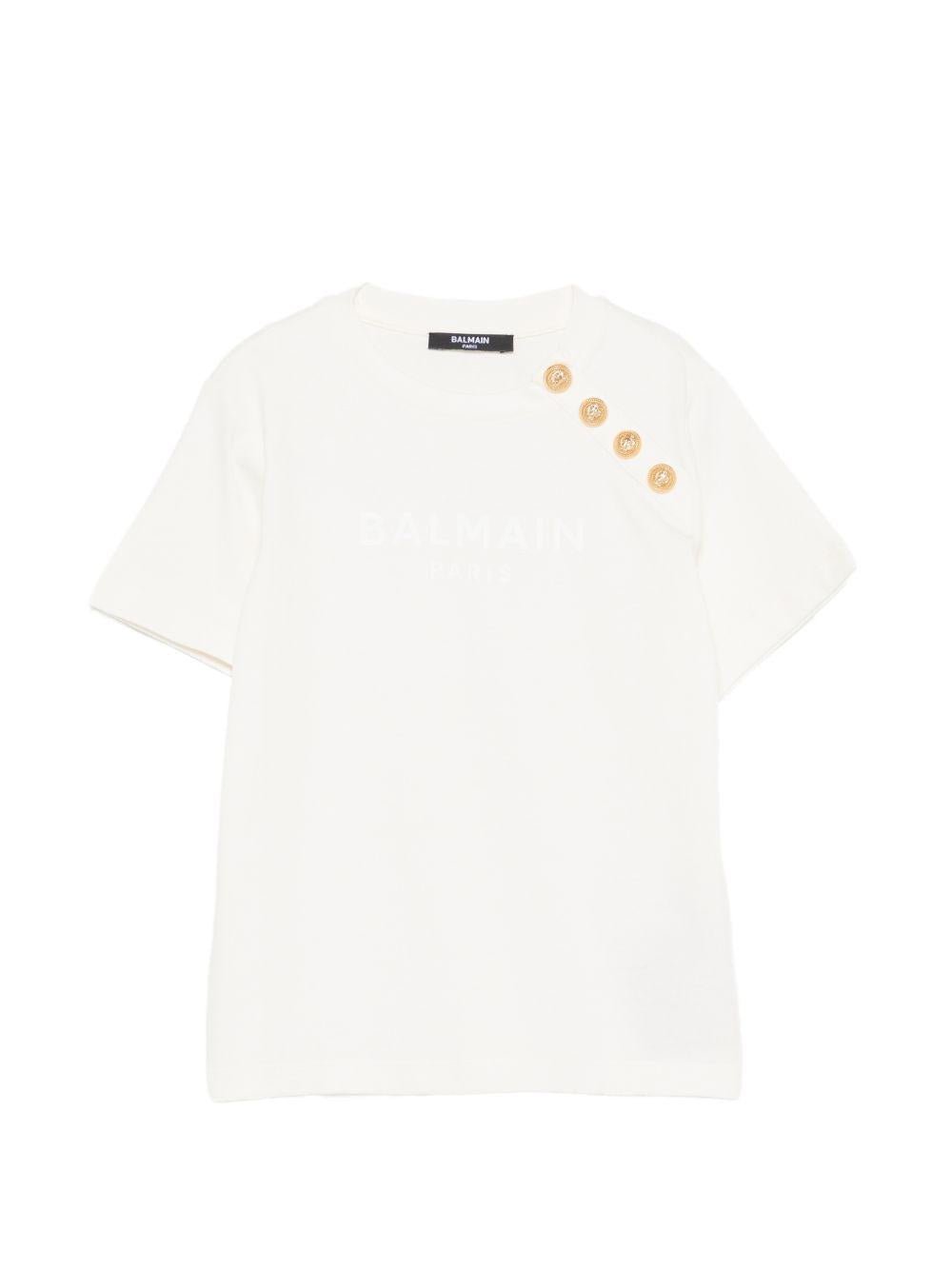 T-shirt per bambina Balmain Kids bianca con bottoni color oro sul davanti - Rubino Kids