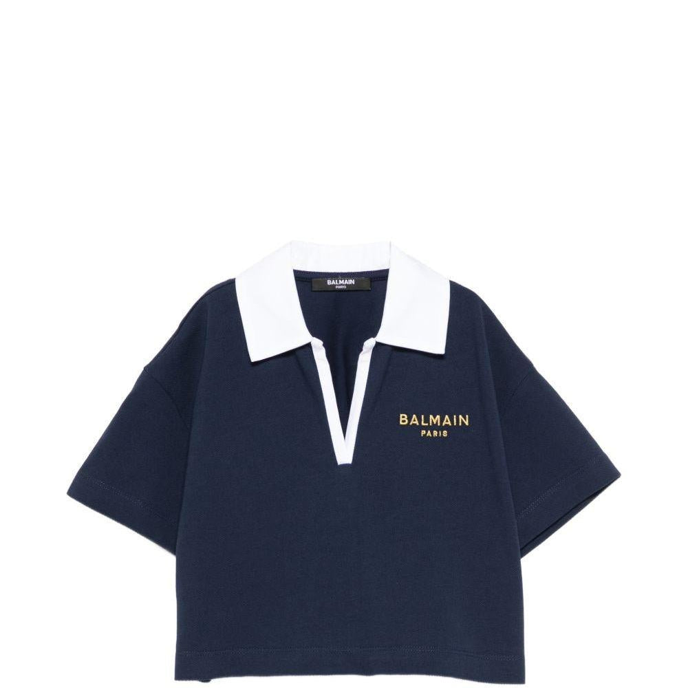 T-shirt per bambina Balmain Kids blu con scollo a V - Rubino Kids