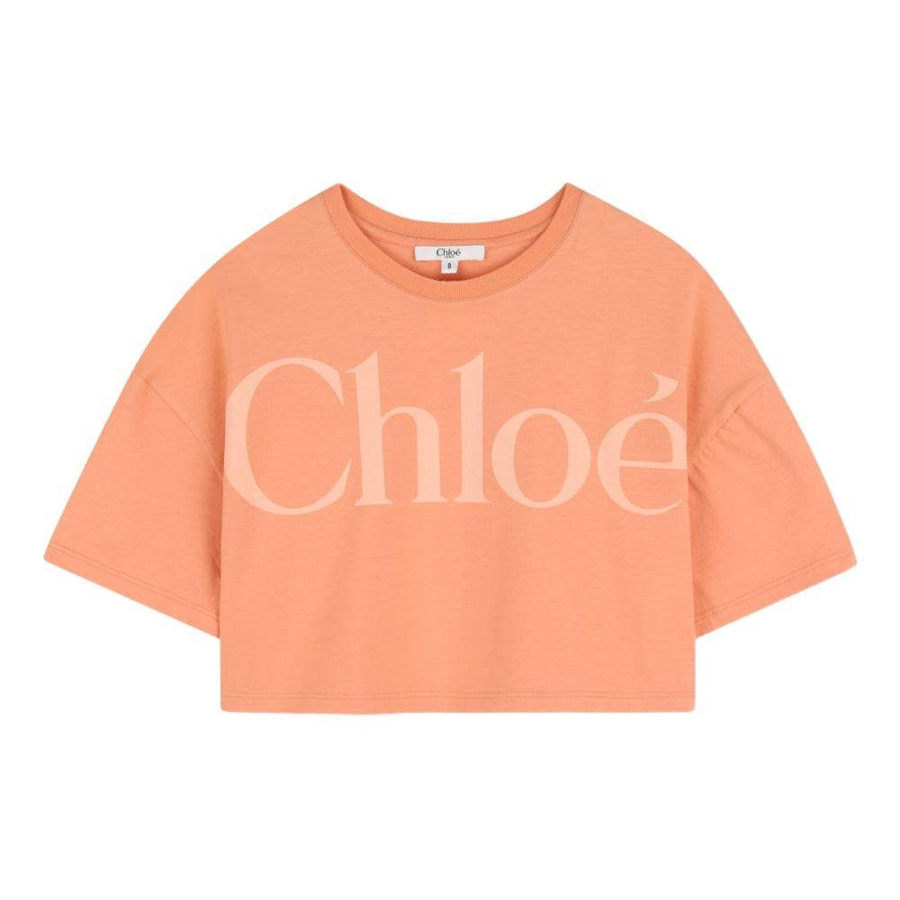 T-shirt per bambina Chloé Kids arancione con logo sul davanti - Rubino Kids
