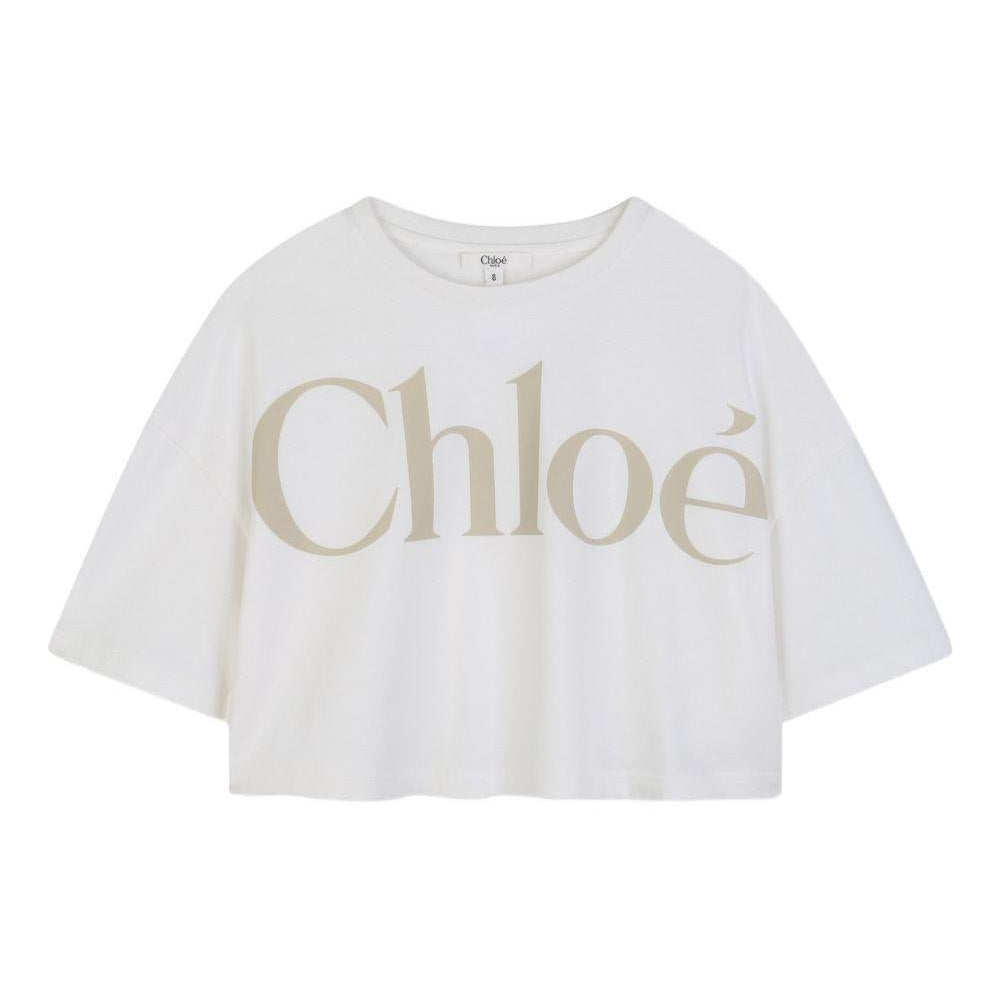 T-shirt per bambina Chloé Kids bianca con stampa logo sul davanti - Rubino Kids