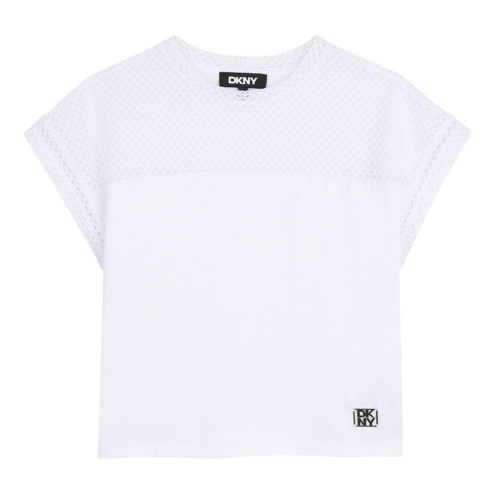 T-shirt per bambina Dkny Kids bianca con inserti in rete - Rubino Kids