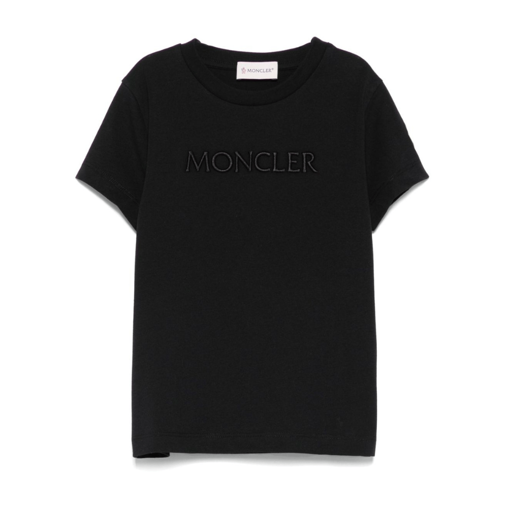 T-shirt per bambina Moncler Enfant nera con logo in rilievo e toppa sulla manica - Rubino Kids