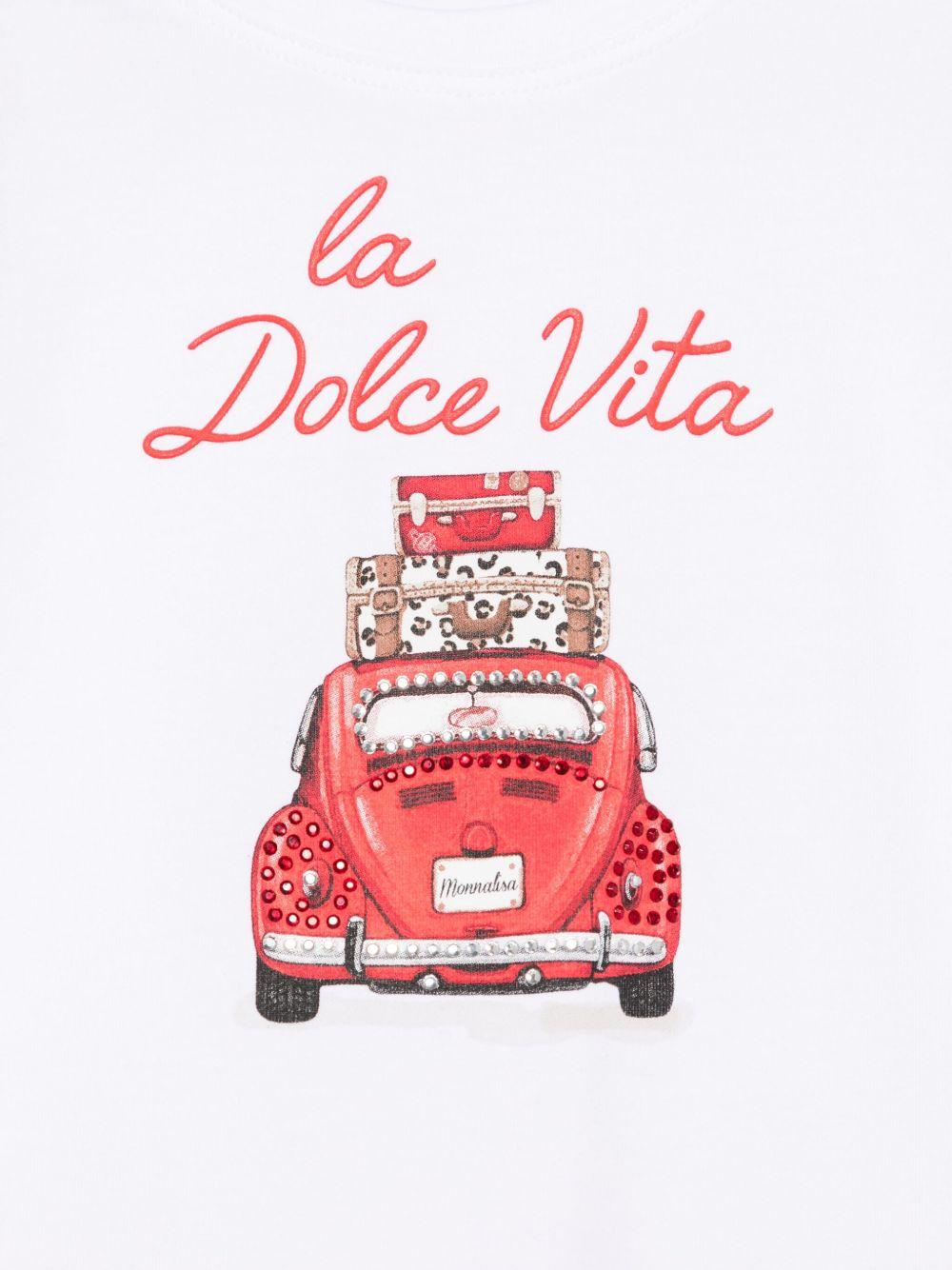 T-shirt per bambina Monnalisa bianco con stampa grafica e decorazione strass - Rubino Kids