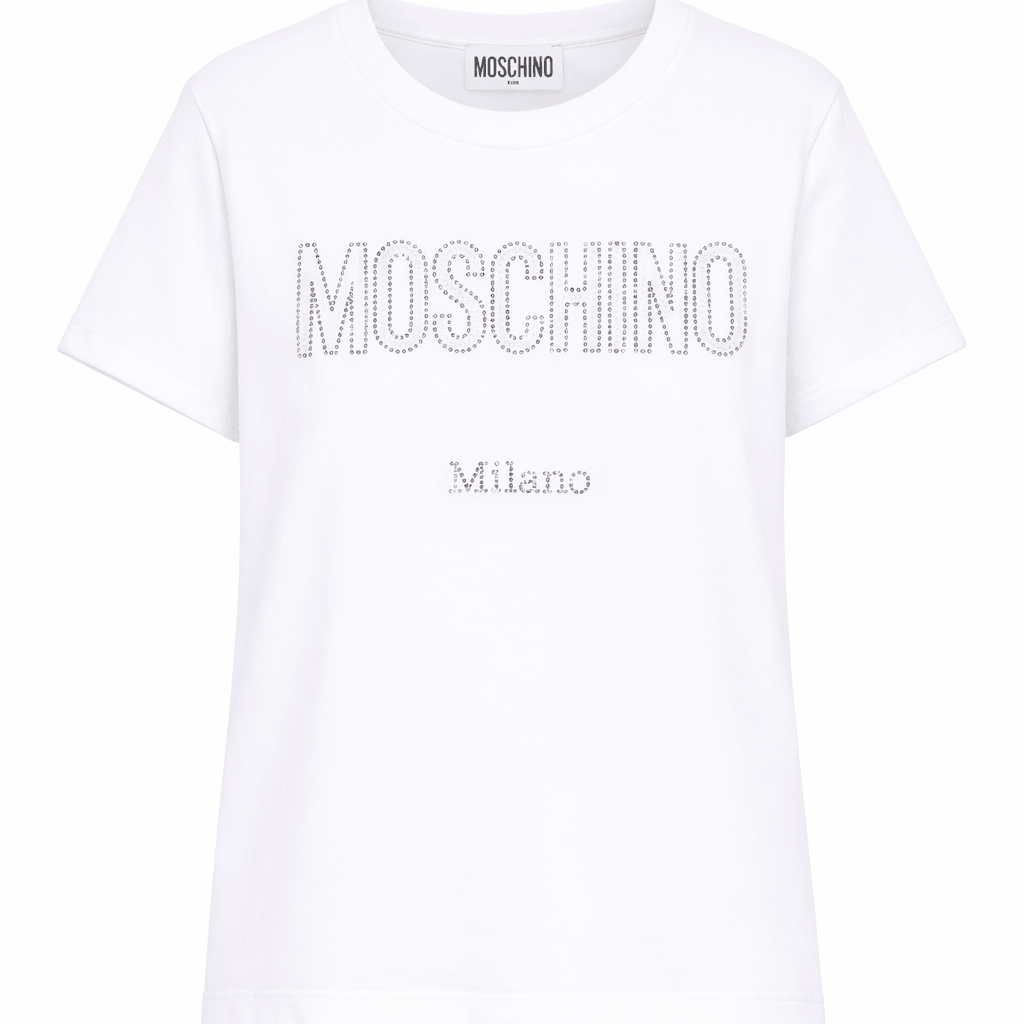 T-shirt per bambina Moschino Kids bianca con logo con strass - Rubino Kids