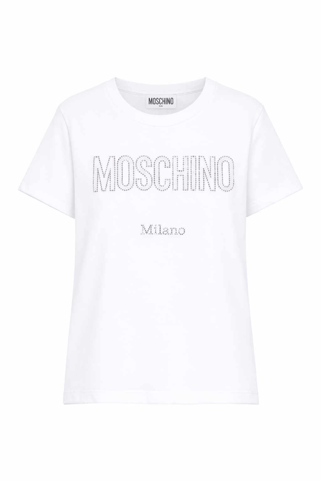 T-shirt per bambina Moschino Kids bianca con logo con strass - Rubino Kids