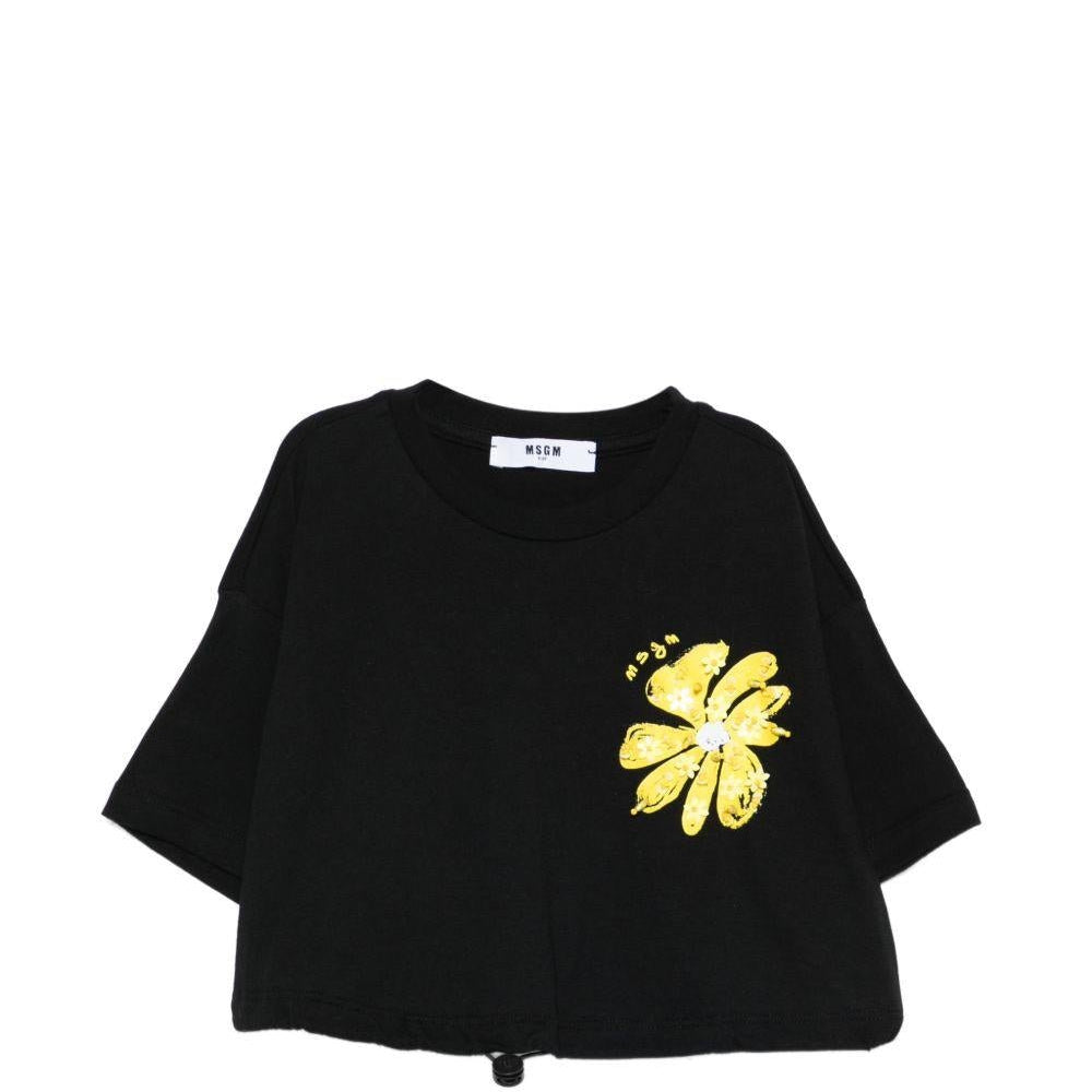 T-shirt per bambina MSGM Kids nera con orlo con coulisse - Rubino Kids