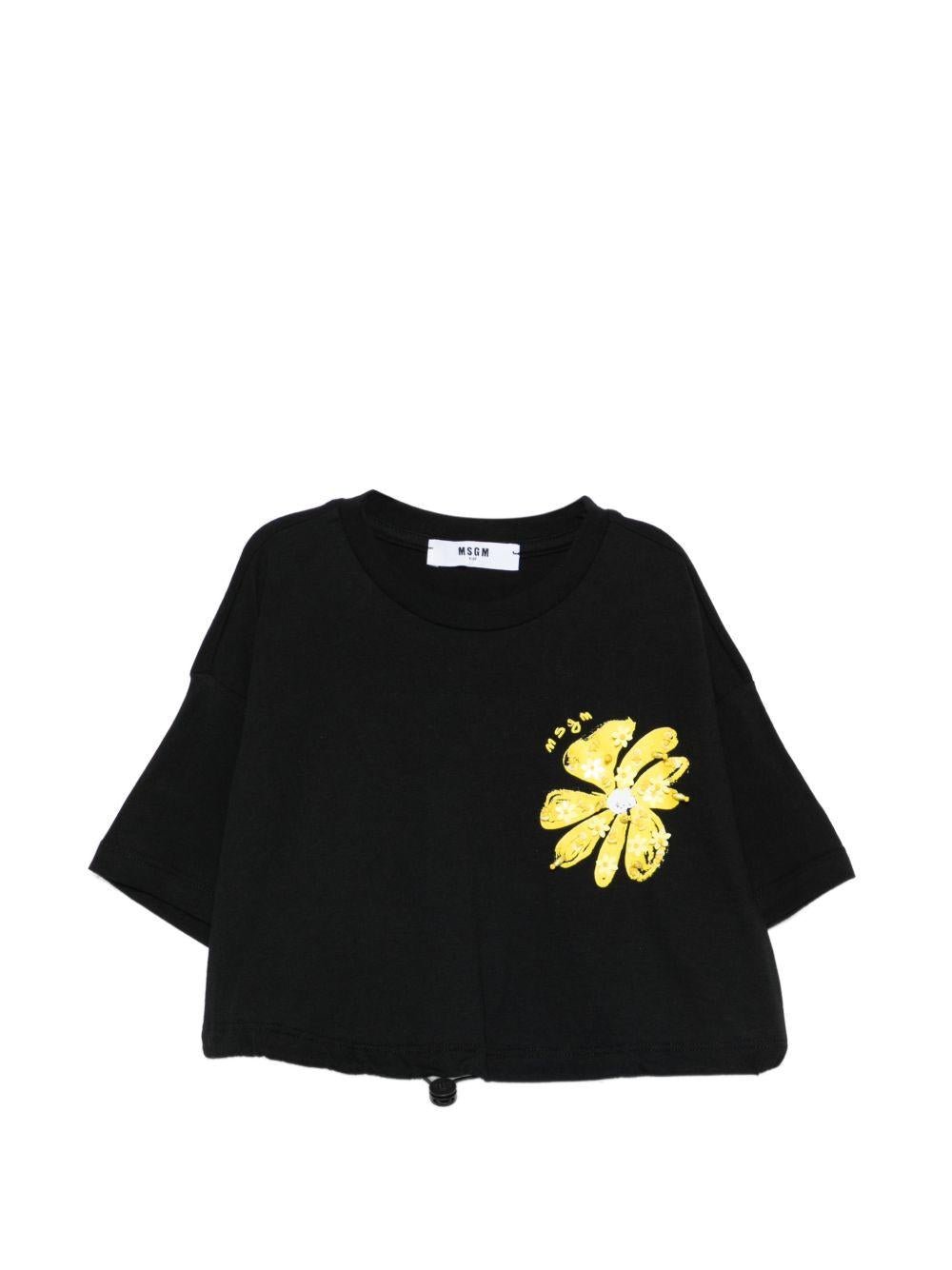 T-shirt per bambina MSGM Kids nera con orlo con coulisse - Rubino Kids