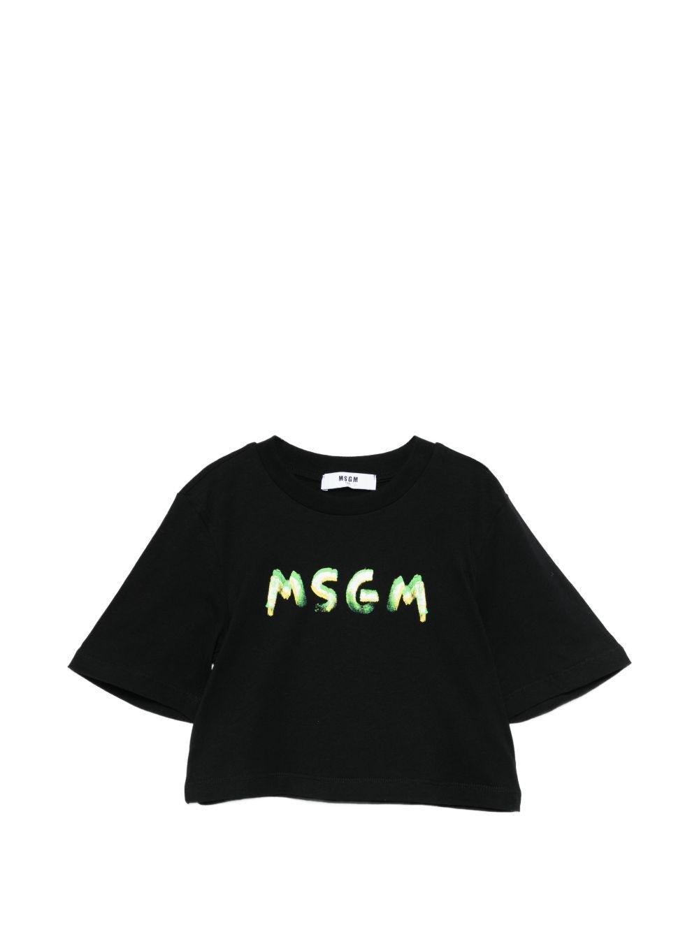 T-shirt per bambina MSGM Kids nera modello crop - Rubino Kids