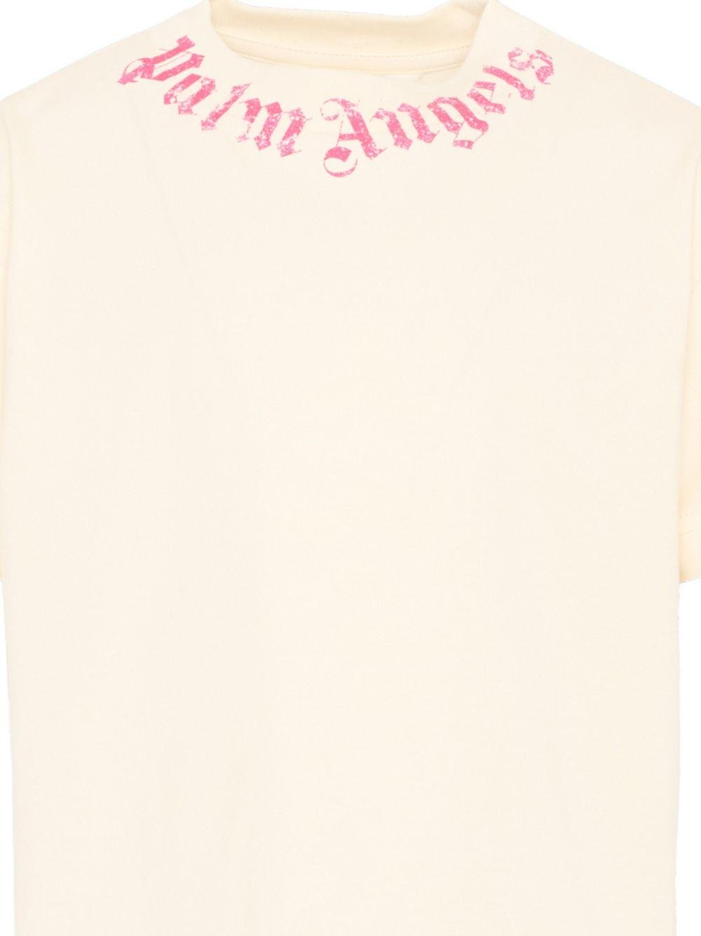 T-shirt per bambina Palm Angels Kids bianco con logo fucsia sul davanti - Rubino Kids