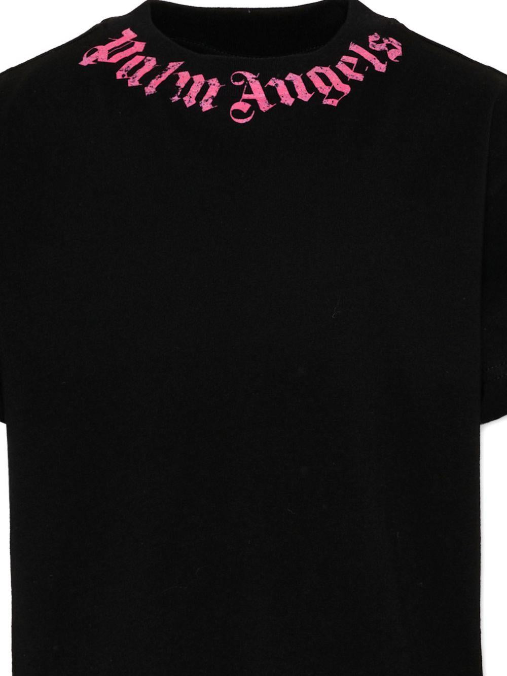 T-shirt per bambina Palm Angels Kids nera con logo fucsia sul davanti - Rubino Kids