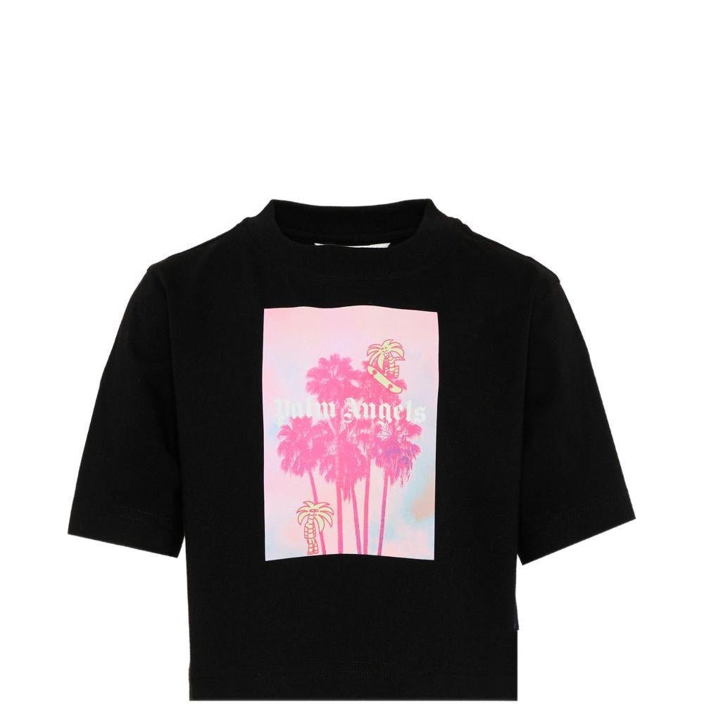 T-shirt per bambina Palm Angels Kids nera con stampa grafica sul davanti - Rubino Kids