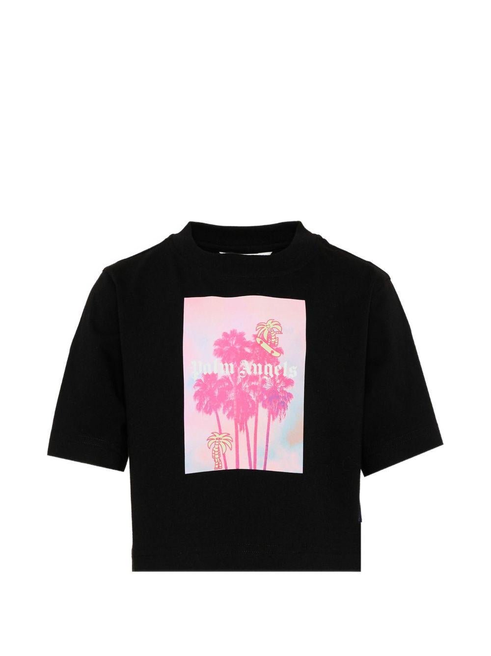 T-shirt per bambina Palm Angels Kids nera con stampa grafica sul davanti - Rubino Kids
