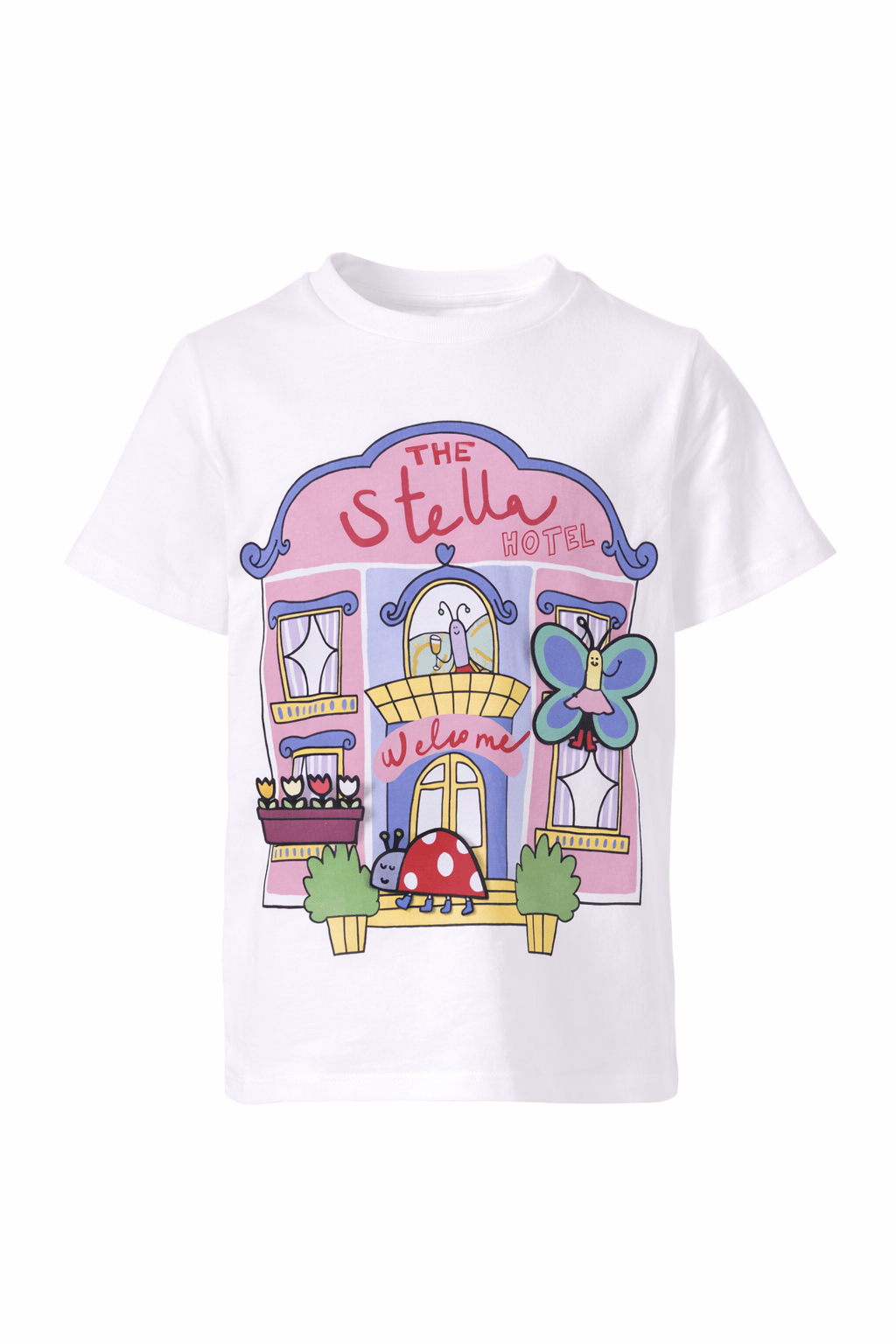 T-shirt per bambina Stella McCartney Kids bianca con scritta "The Stella Hotel" - Rubino Kids