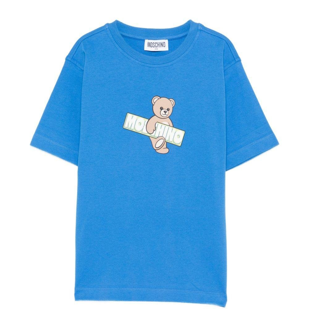 T-shirt per bambini Moschino Kids azzurra con stampa Teddy Bear sul davanti - Rubino Kids