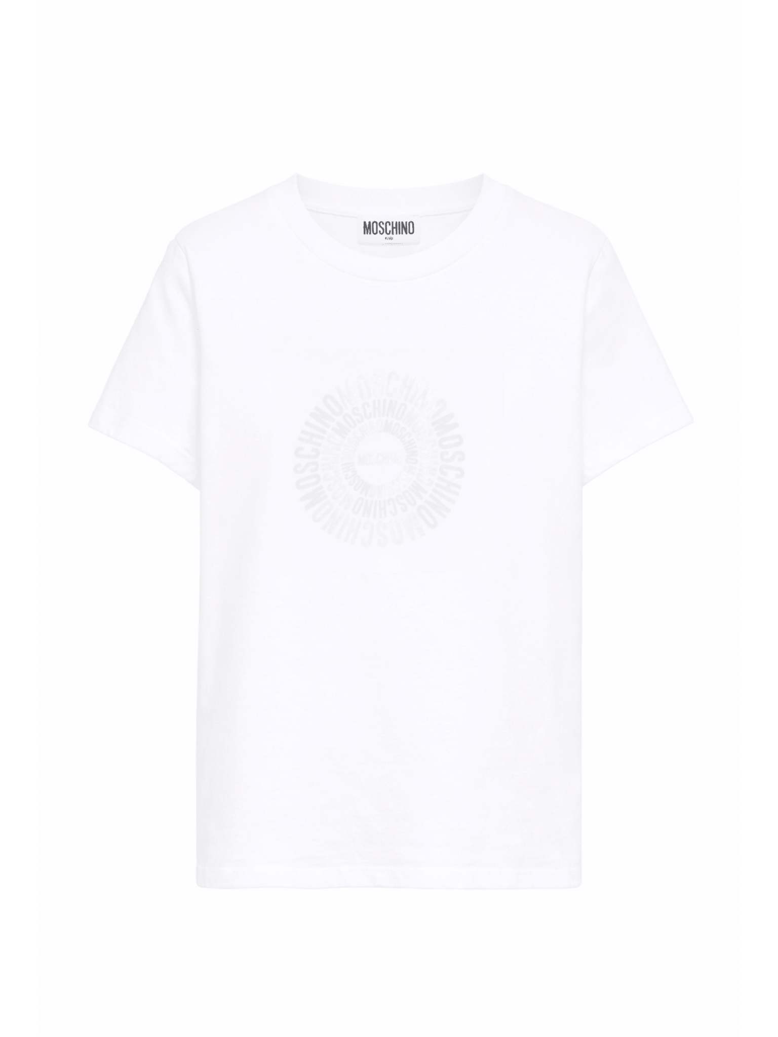 T-shirt per bambini Moschino Kids bianca con logo a spirale sul davanti - Rubino Kids
