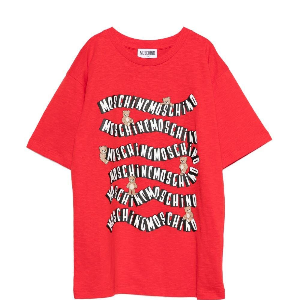 T-shirt per bambini Moschino Kids rossa con stampa logo ondulata - Rubino Kids