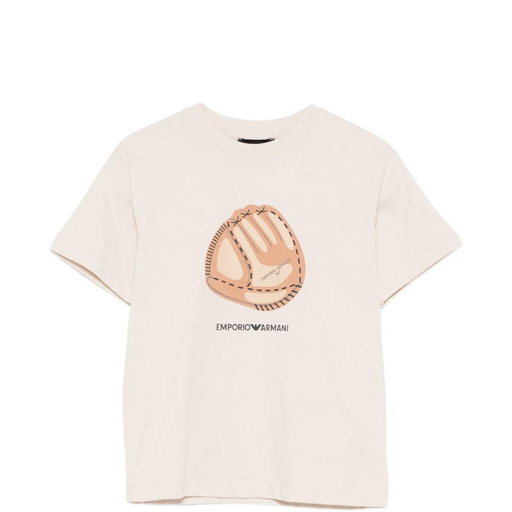T-shirt per bambino Emporio Armani Kids beige con stampa grafica sul davanti - Rubino Kids