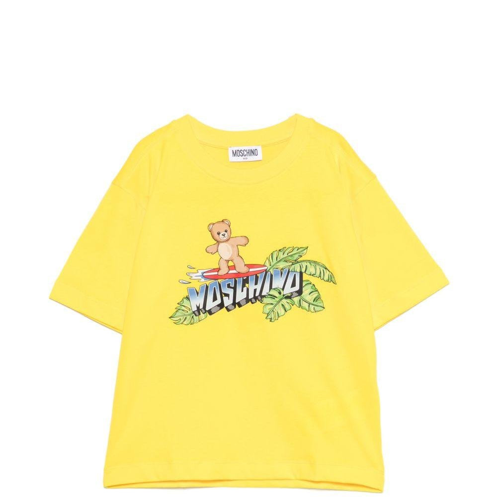 T-shirt per bambino Moschino Kids gialla con stampa logo sul davanti - Rubino Kids