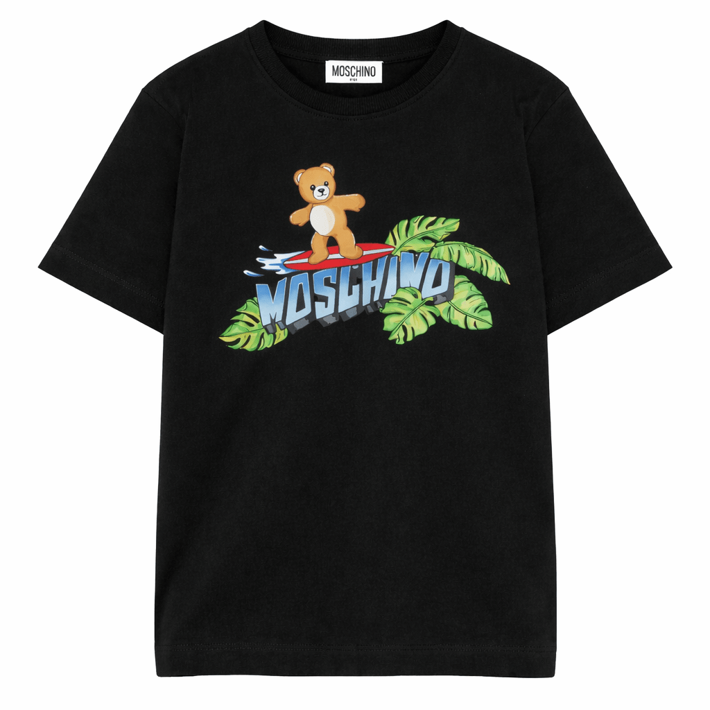 T-shirt per bambino Moschino Kids nera con stampa grafica sul davanti - Rubino Kids