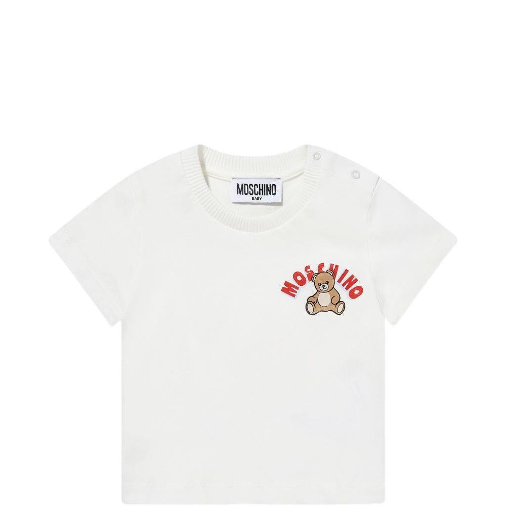 T-shirt per neonati Moschino Kids bianca con logo sul davanti - Rubino Kids