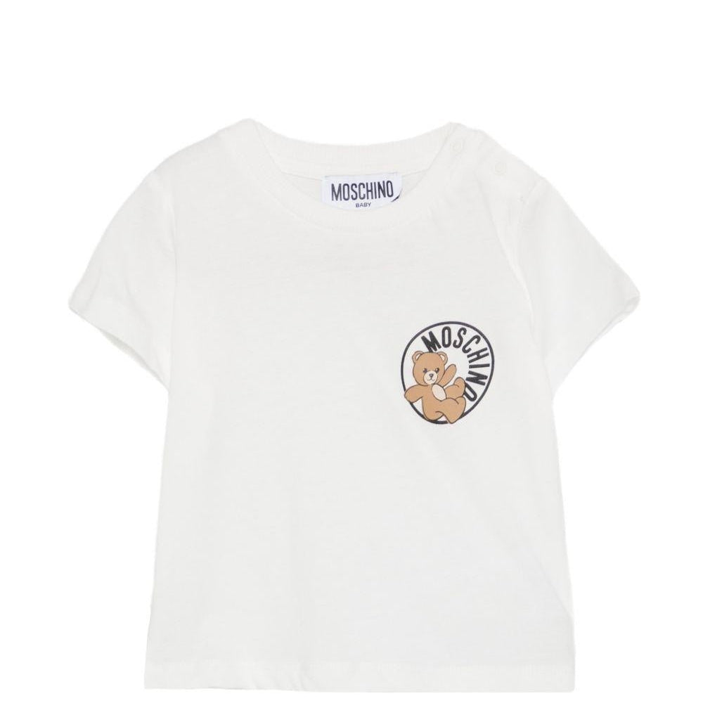 T-shirt per neonati Moschino Kids bianca con logo sul davanti - Rubino Kids