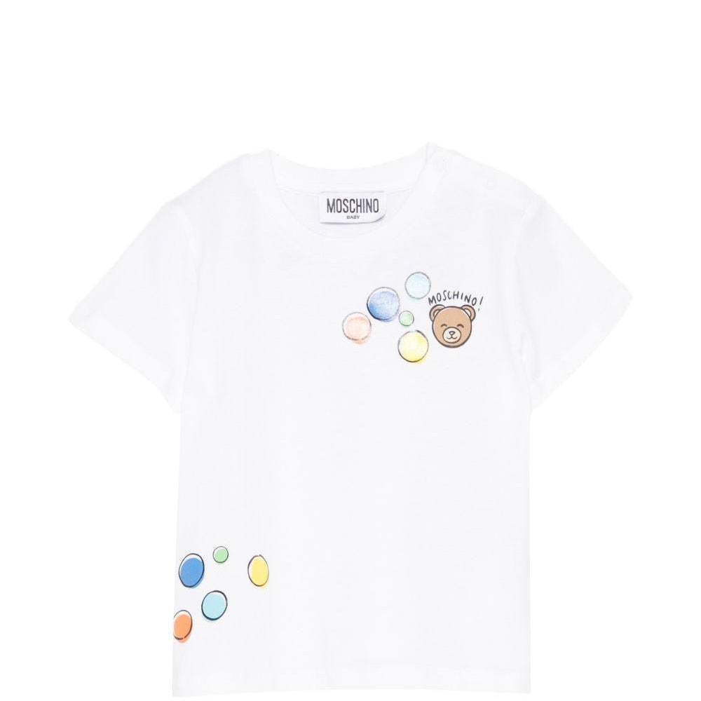 T-shirt per neonati Moschino Kids bianca con stampa orsetto e palloncini - Rubino Kids