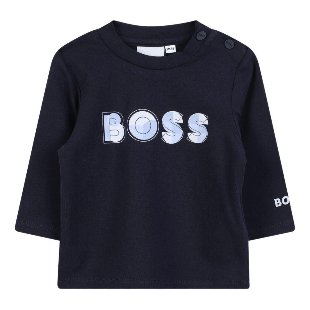 T-shirt per neonato Boss Kids blu con stampa sul logo sul davanti - Rubino Kids