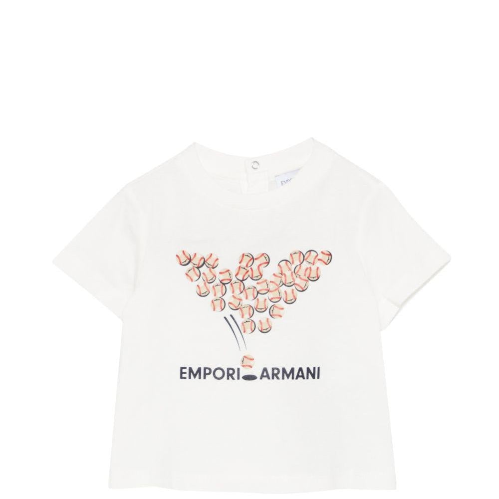 T-shirt per neonato Emporio Armani Kids bianca con stampa grafica con palline da tennis - Rubino Kids