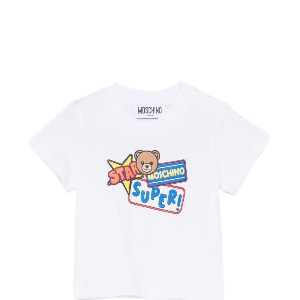 T-shirt per neonato Moschino Kids bianca con stampa grafica sul davanti - Rubino Kids
