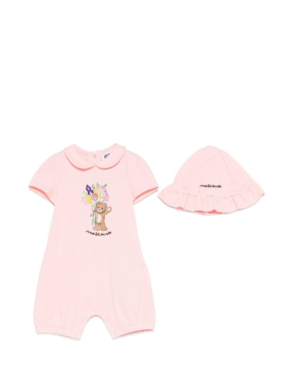 Tutina e cappellino per neonata Moschino Kids rosa con stampa Bear - Rubino Kids