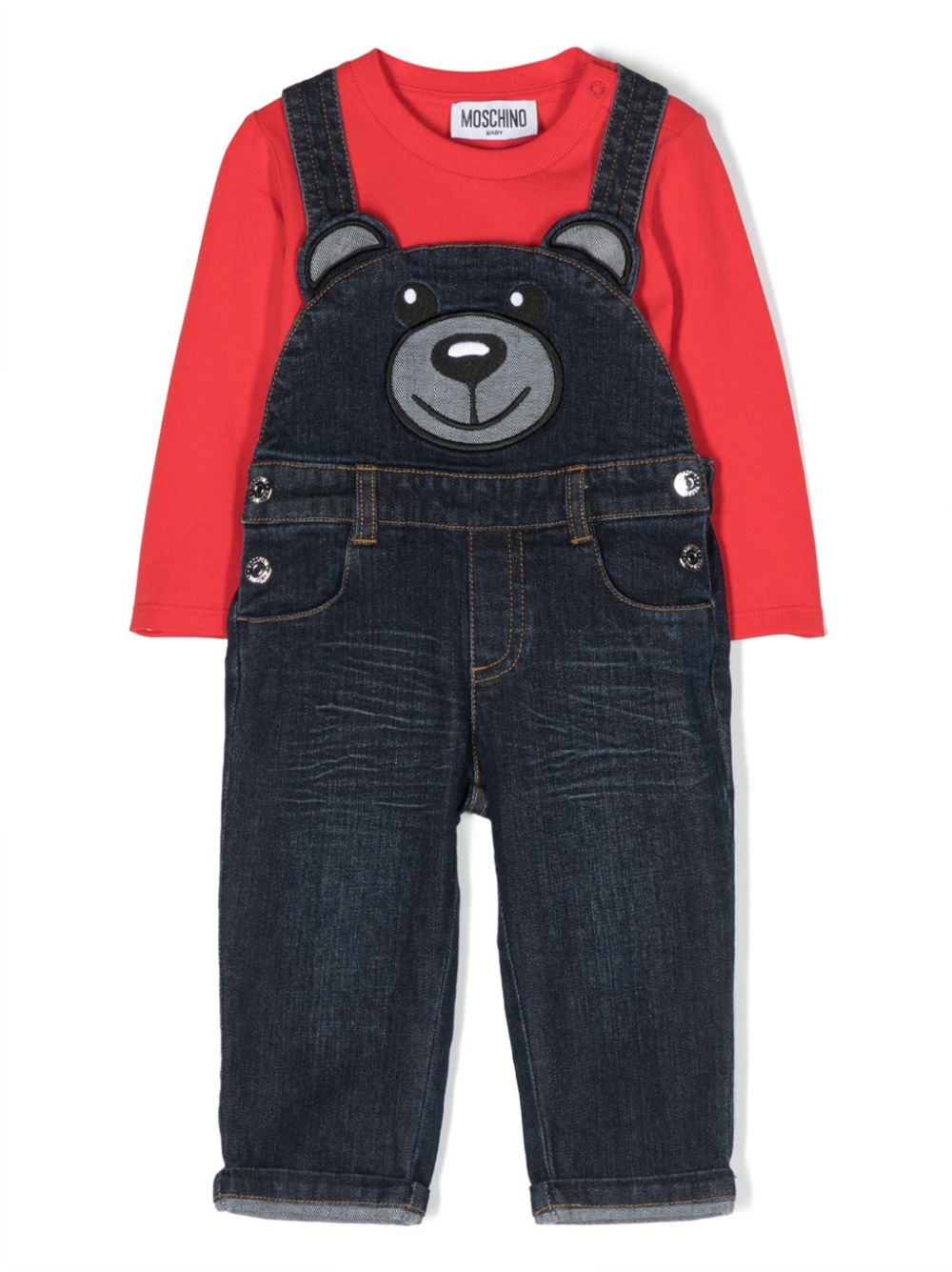 Denim bib shorts with Teddy Bear motif