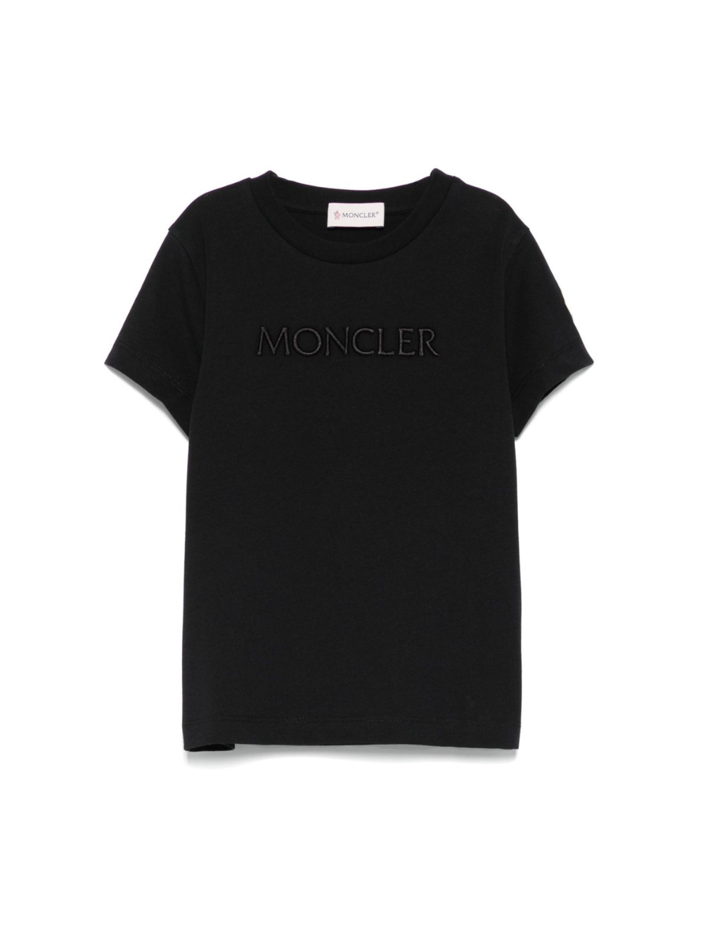 T-shirt per bambina Moncler Enfant nera con logo in rilievo e toppa sulla manica K29548C0001689AT9 999 MONCLER KIDS 
