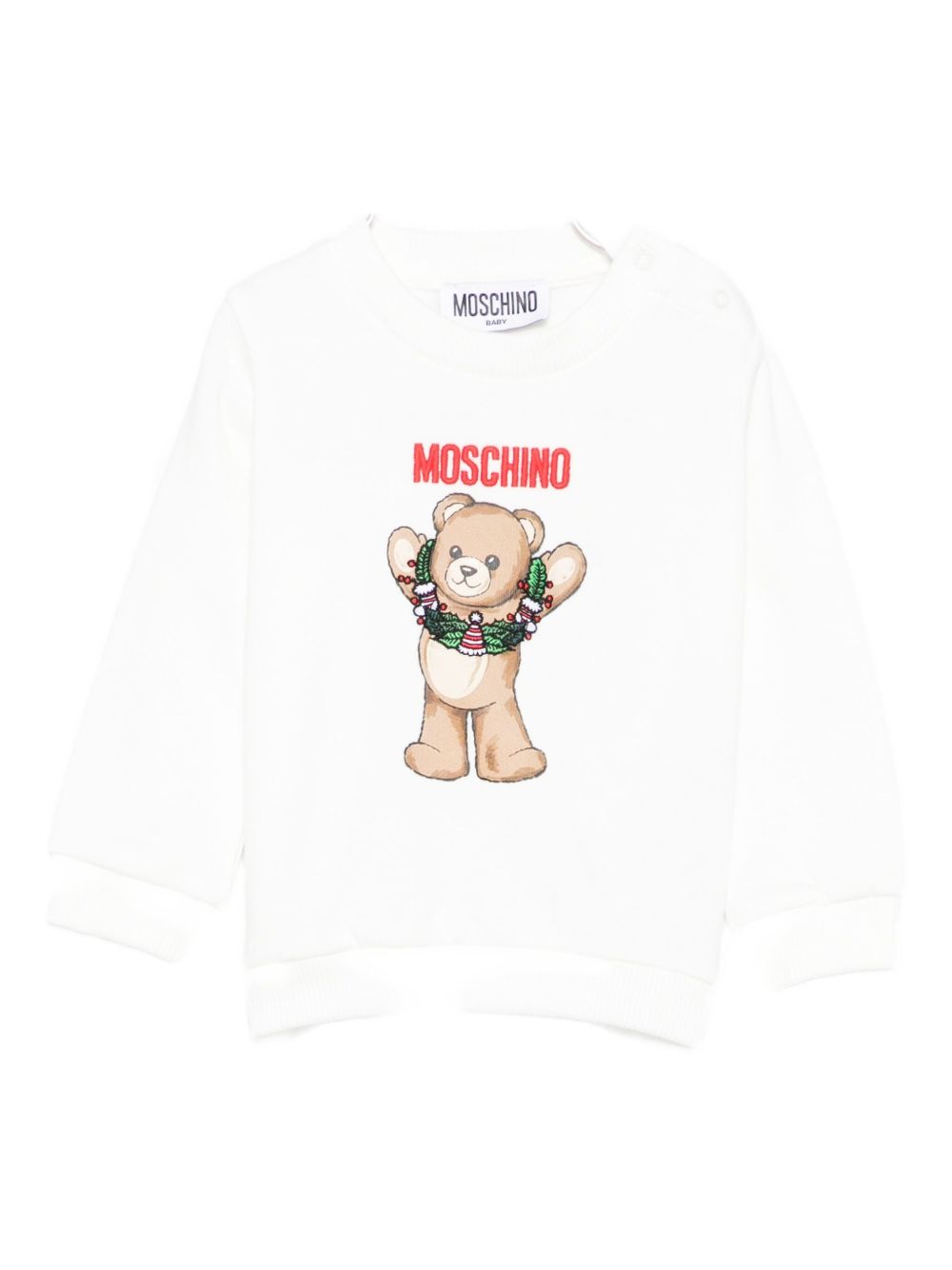 Felpa per neonati Moschino Kids bianco con stampa Teddy natalizio MPF060LCA14 10063 MOSCHINO KIDS 