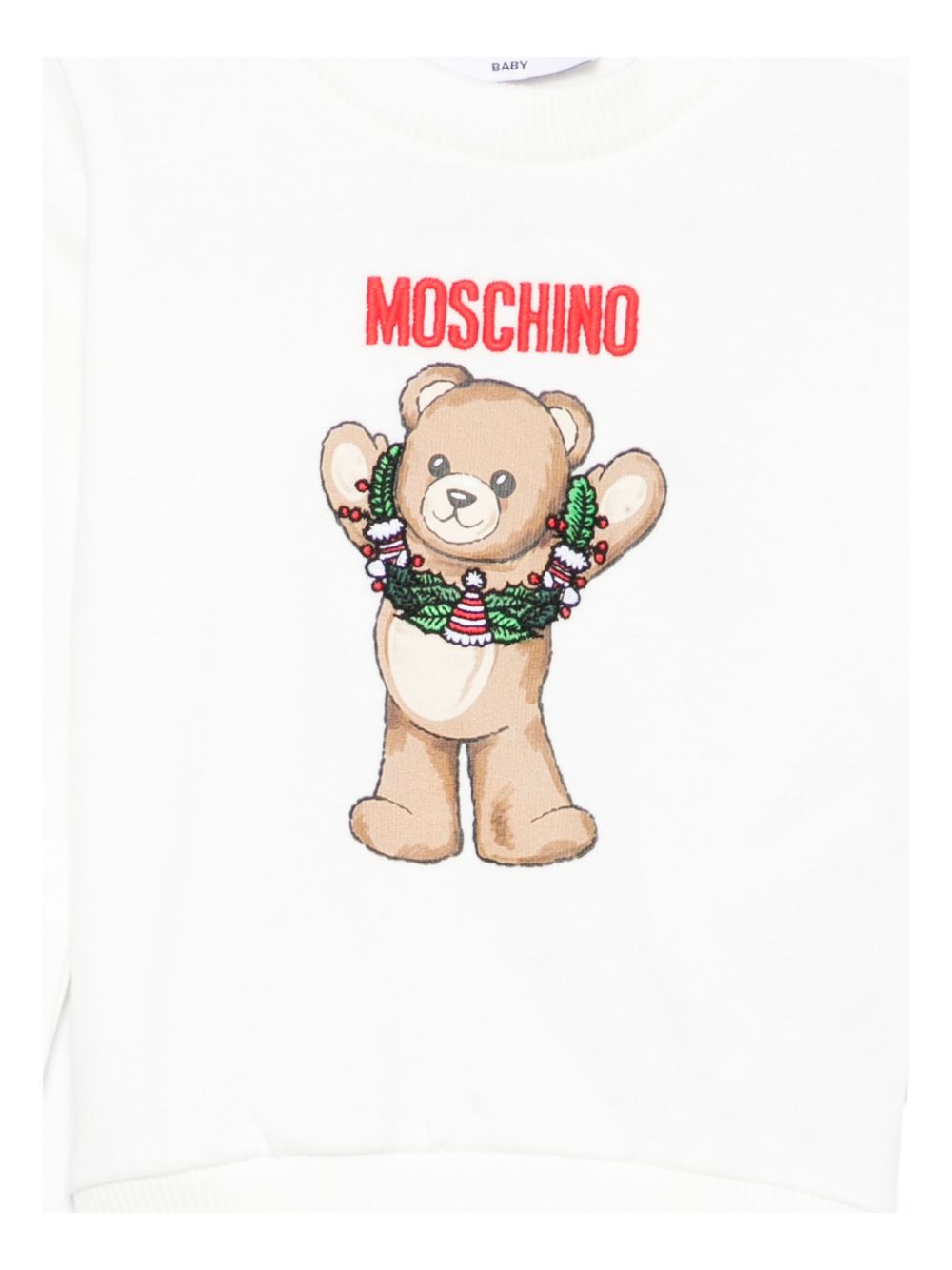 Felpa per neonati Moschino Kids bianco con stampa Teddy natalizio MPF060LCA14 10063 MOSCHINO KIDS 