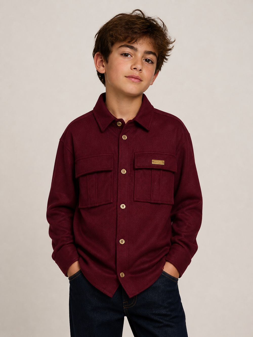 Camicia per bambino Balmain Kids bordeaux con logo sul colletto frontale BZ5H10 I0339 530OR BALMAIN KIDS 