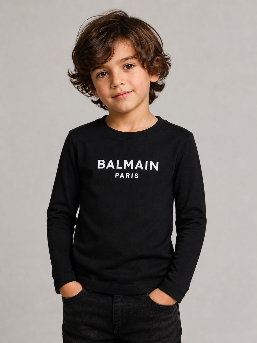 T-shirt per bambino Balmain Kids nera con dettaglio logo sul davanti BZ8I20 Z3672 930BC BALMAIN KIDS 