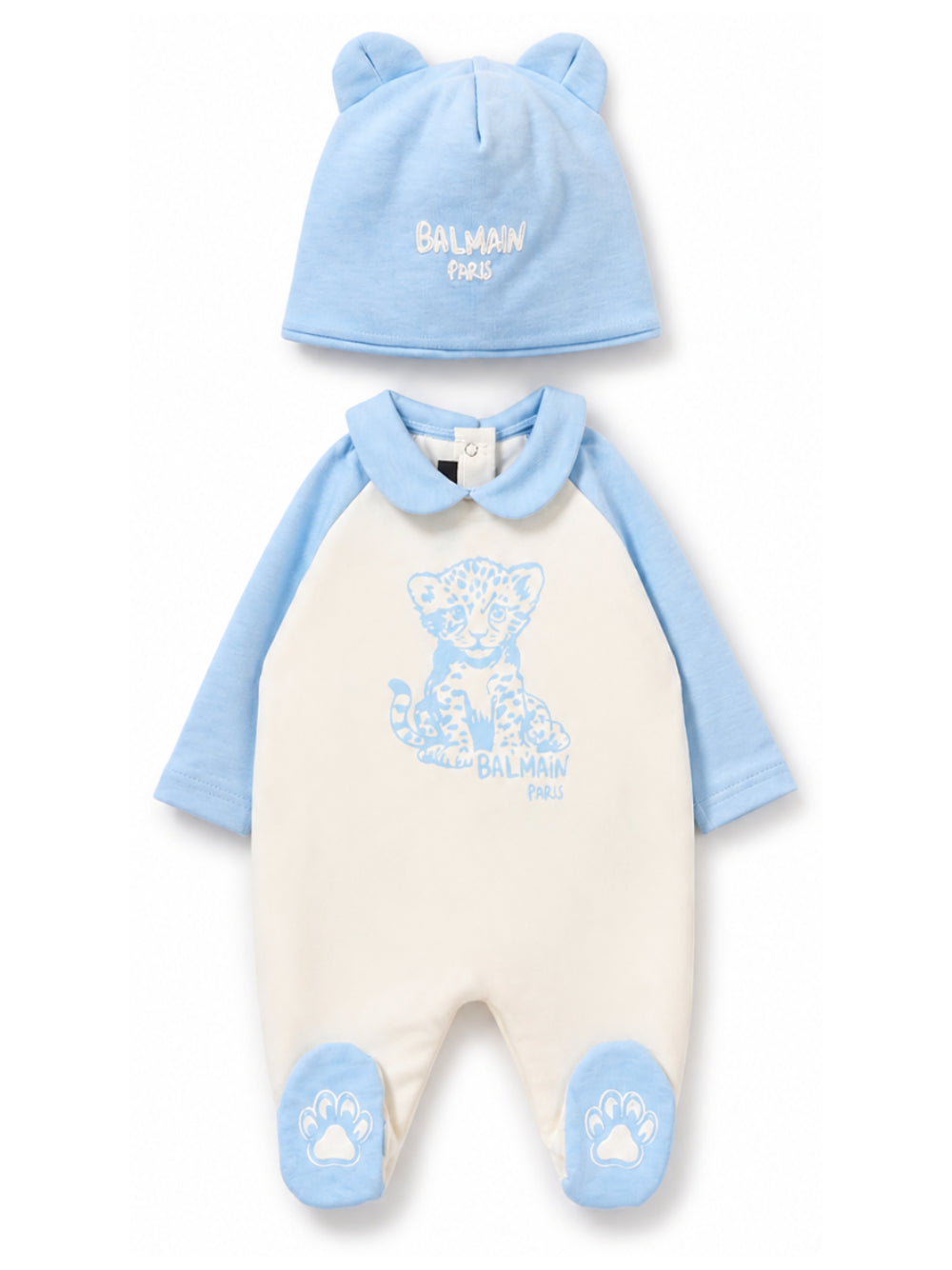 Set tutina e cappellino per neonato Balmain Kids azzurro con stampa grafica tigre sul davanti BZB330 Z3672 102CE BALMAIN KIDS 