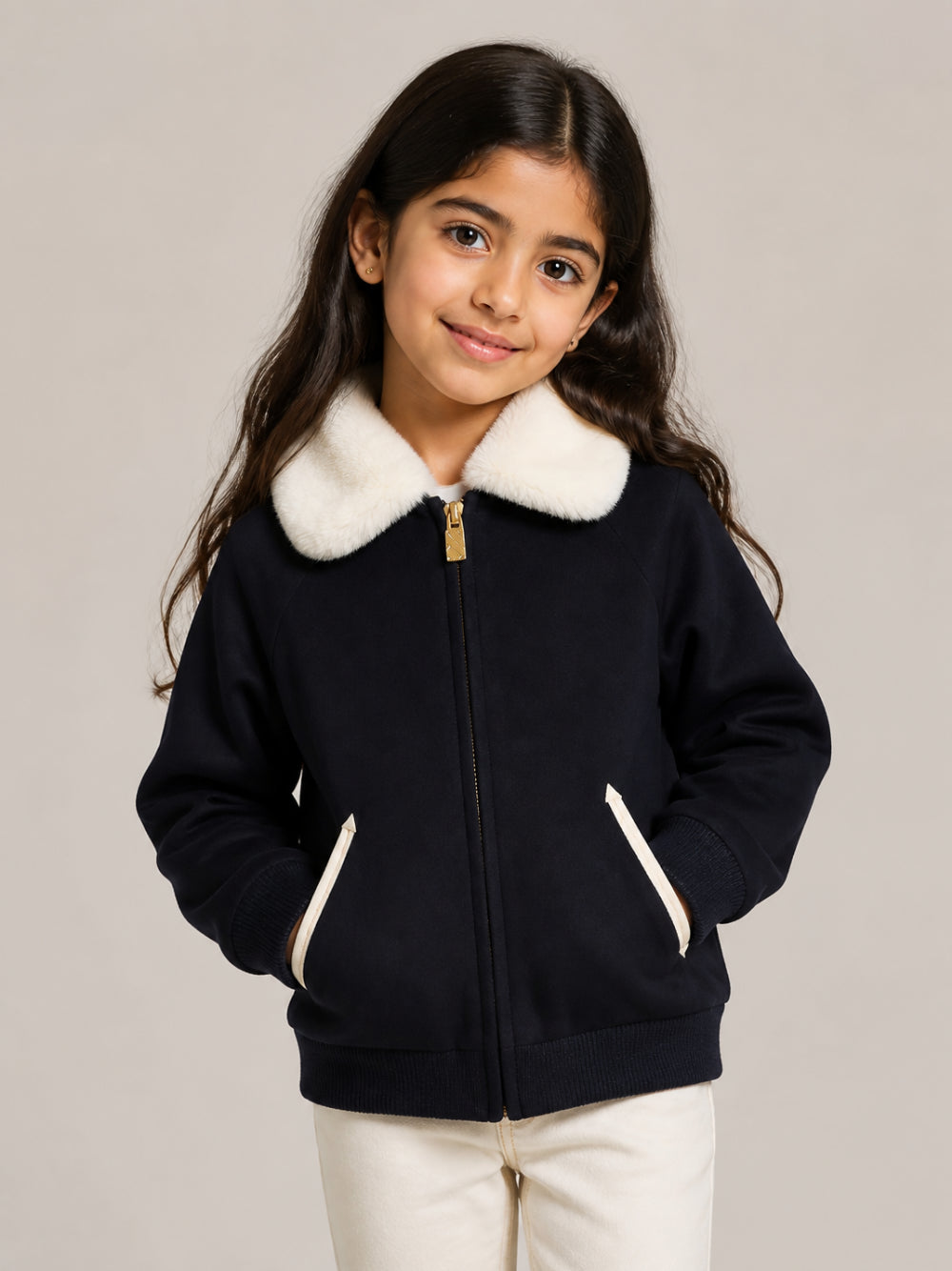 Giubbino per bambina Billieblush Kids blu con colletto in pelliccia sintetica U22431 85T BILLIEBLUSH KIDS 