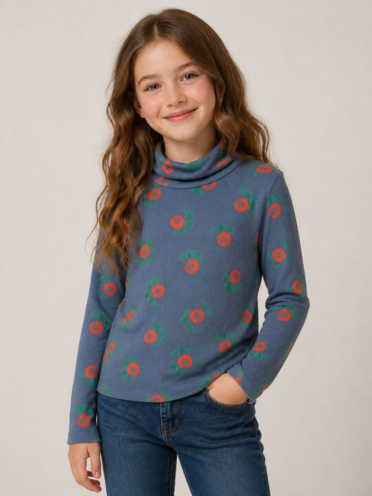 T-shirt per bambina Bobo Chose Kids blu a collo alto con stampa grafica B226AC021 411 BOBO CHOSES KIDS 