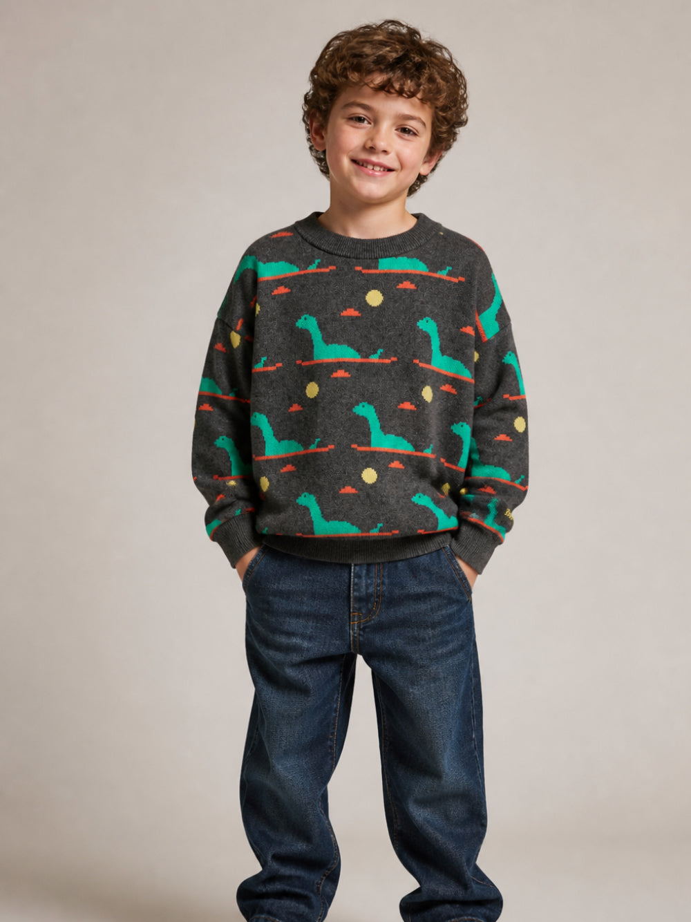 Maglione per bambino Bobo Choses Kids grigio con motivo dinosauro all-over B226AC087 071 BOBO CHOSES KIDS 