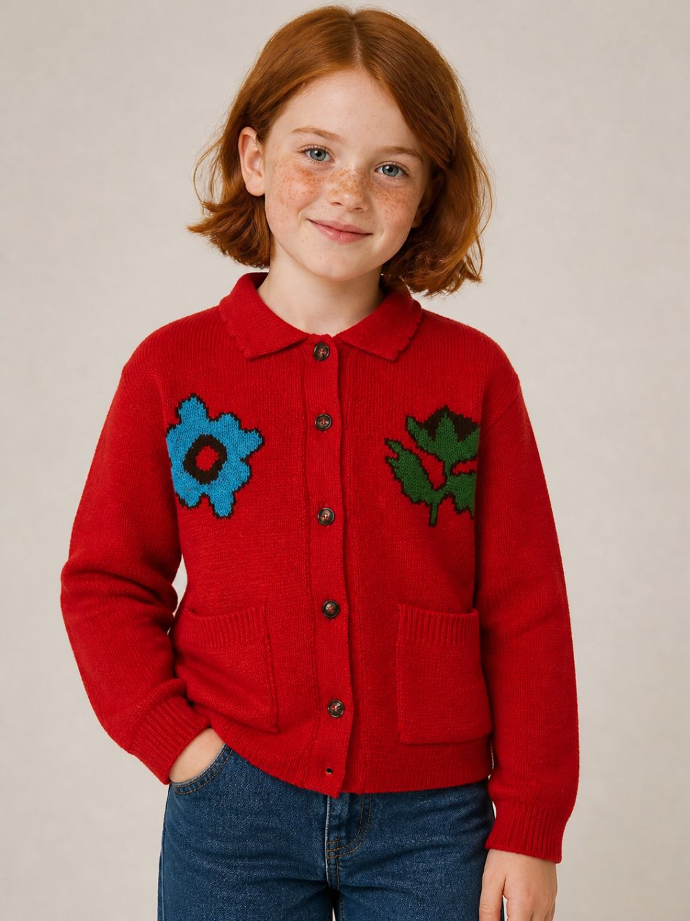 Cardigan per bambina Bobo Choses Kids rosso con intarsio floreale B226AC140 611 BOBO CHOSES KIDS 