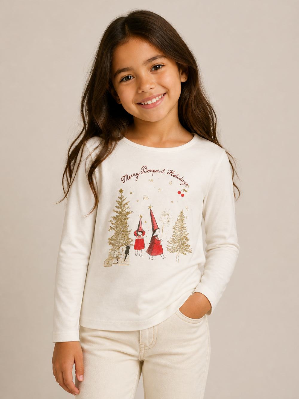 T-shirt per bambina Bonpoint Kids bianca con scritta stampata "Merry Bonpoint Holidays" sul davanti N06GTSK00001 102 BONPOINT KIDS 
