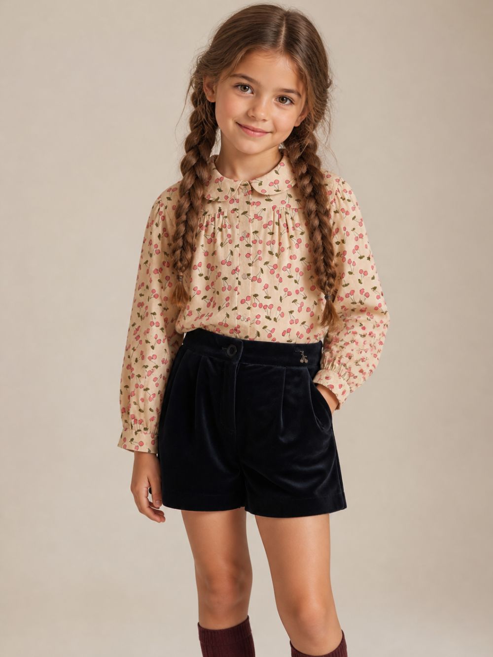 Blusa per bambina Bonpoint Kids beige con stampa Cherry all-over W06GBLW00011 609 BONPOINT KIDS 