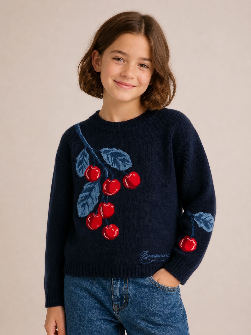 Maglione per bambina Bonpoint Kids blu con motivo ciliegie ricamate W06GJUK00006 970A BONPOINT KIDS 