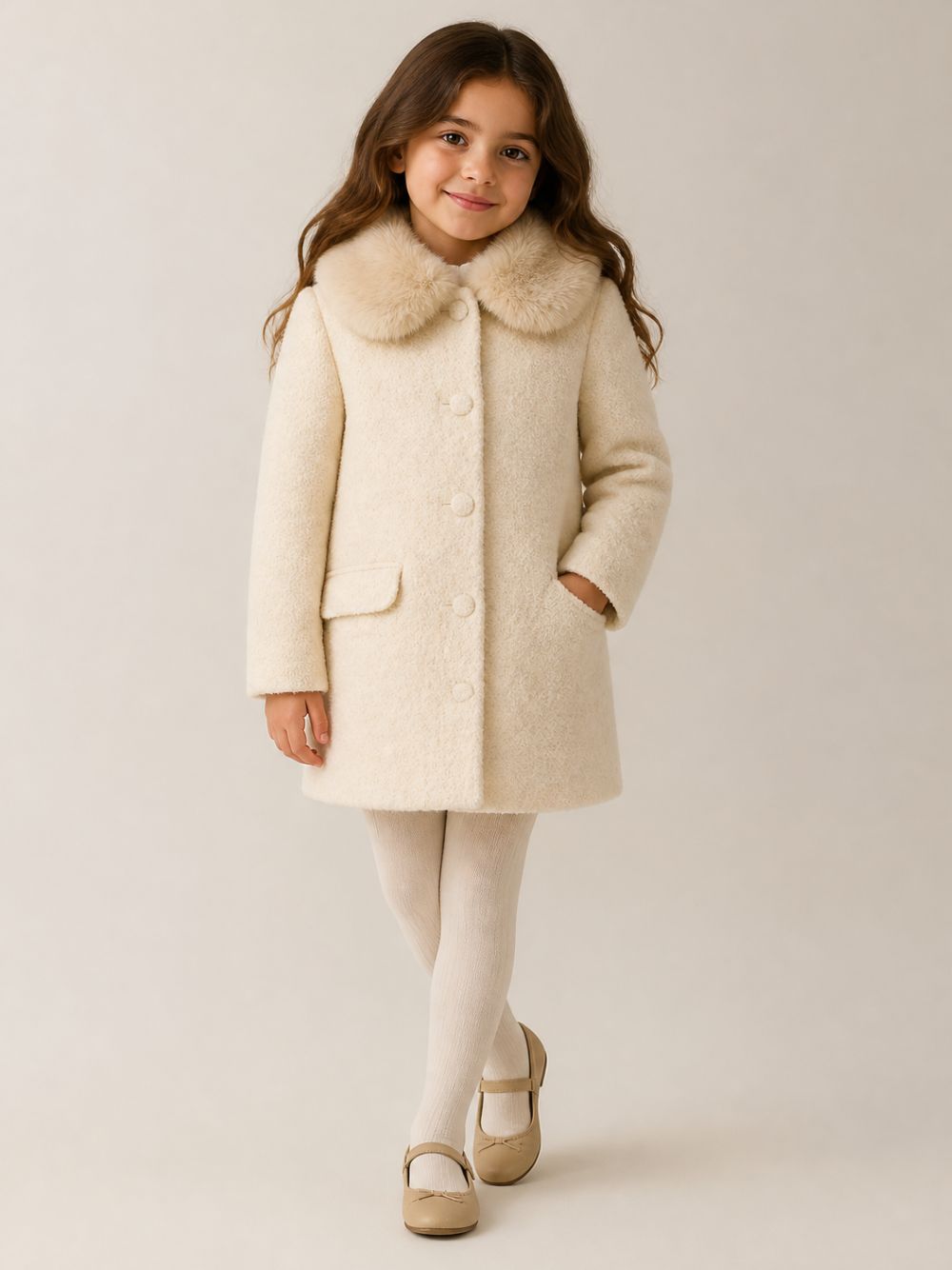 Cappotto per bambina Bonpoint Kids beige con colletto in pelliccia sintetica W06GOUW00017 060 BONPOINT KIDS 