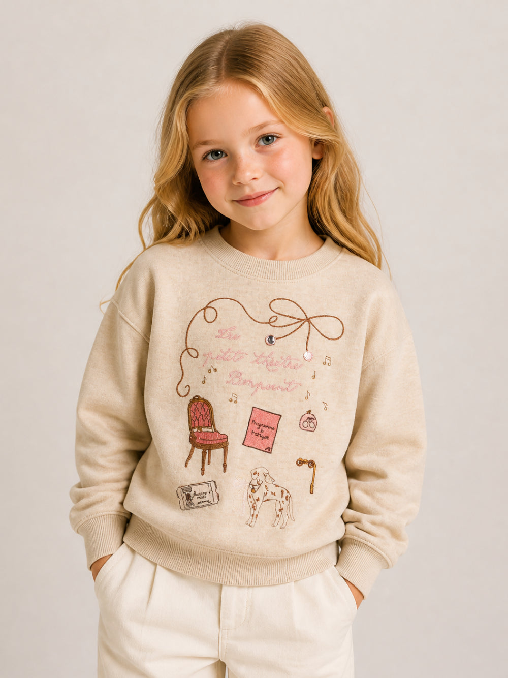 Felpa per bambina Bonpoint beige con stampa grafica W06GSWK00007 160A BONPOINT KIDS 