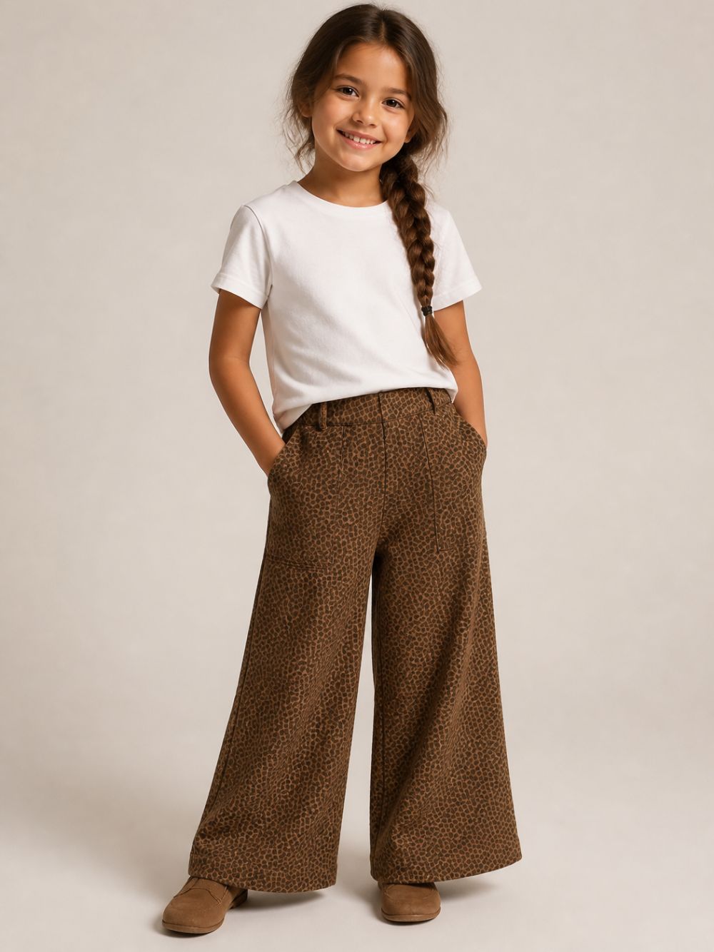 Pantaloni per bambina Bonton Kids marrone con stampa grafica leopardata BD22032 935 BONTON KIDS 